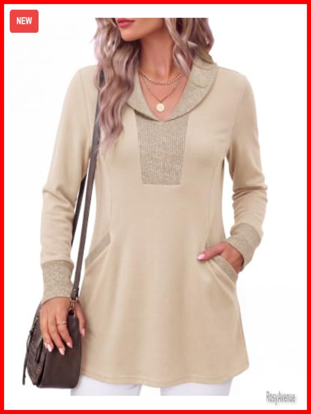Womens V Neck Tunic Sweater with Pockets Long Sleeve Knit Work Top